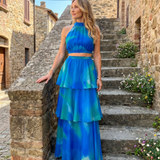 Vellora | Natural Floral Halter Cutout Tiered Maxi Dress
