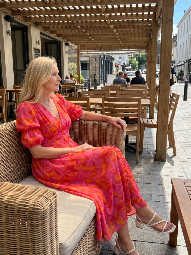 Lunrin | Puff Sleeve V Neck Bold Floral Print Midi Dress
