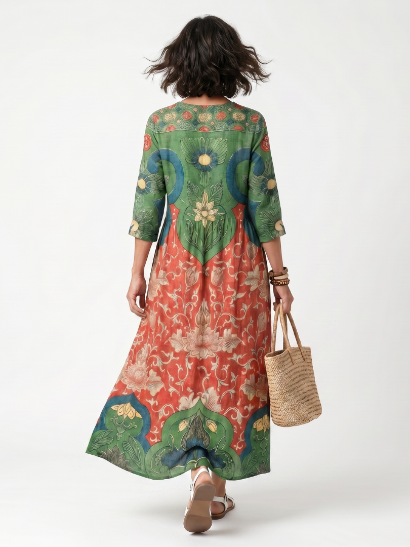 Saffsia | Mixed Print V Neck Pocket Midi Dress