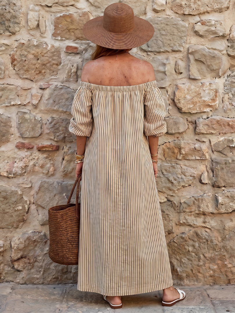 Orlarina | Off Shoulder Vertical Stripe Pattern Midi Dress