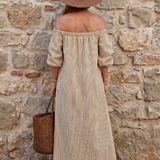 Orlarina | Off Shoulder Vertical Stripe Pattern Midi Dress