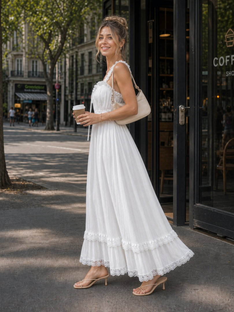 Esmera | Sleeveless Ruffle Strap Flowing Skirt Midi Dress