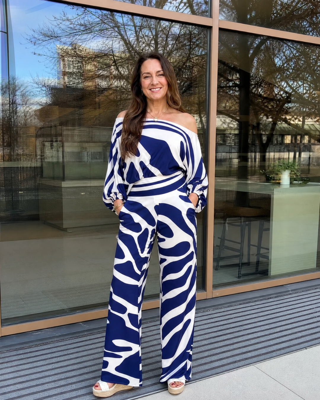 Romyna | Abstract Print Off Shoulder Top And Wide Leg Pants Set