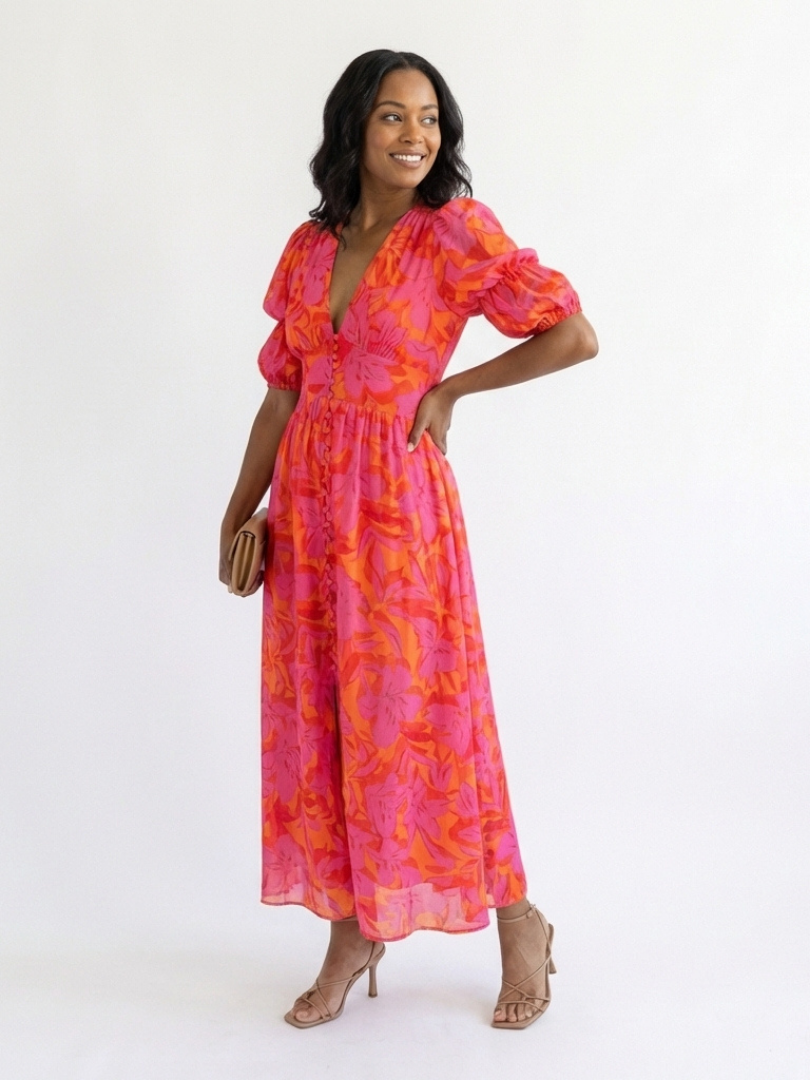 Gretasia | Floral V Neck Puff Sleeve Midi Dress