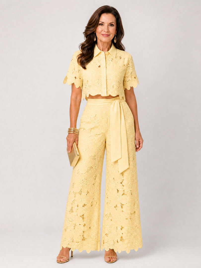 Elobelle | Lace Button Front Two Piece Pant Set