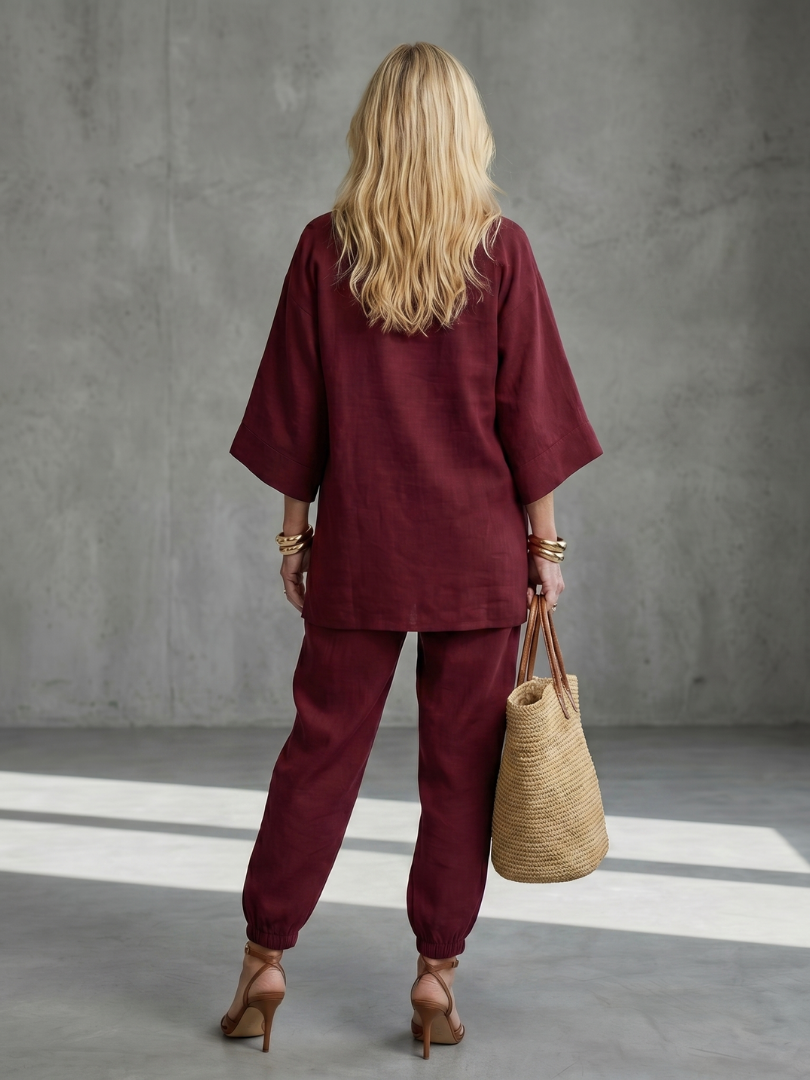 Perrina | V Neck Tunic Gathered Trouser Set