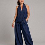Tallyn | Halter Neck Denim Top And Wide Leg Pants Set