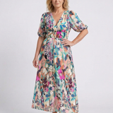 Wrennawen | V Neck Short Sleeve Gathered Waist Midi Dress