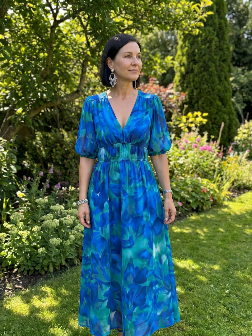 Larette | Puff Sleeve V Neck Abstract Print Midi Dress