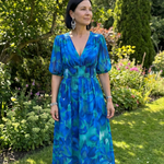 Larette | Puff Sleeve V Neck Abstract Print Midi Dress