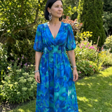 Larette | Puff Sleeve V Neck Abstract Print Midi Dress