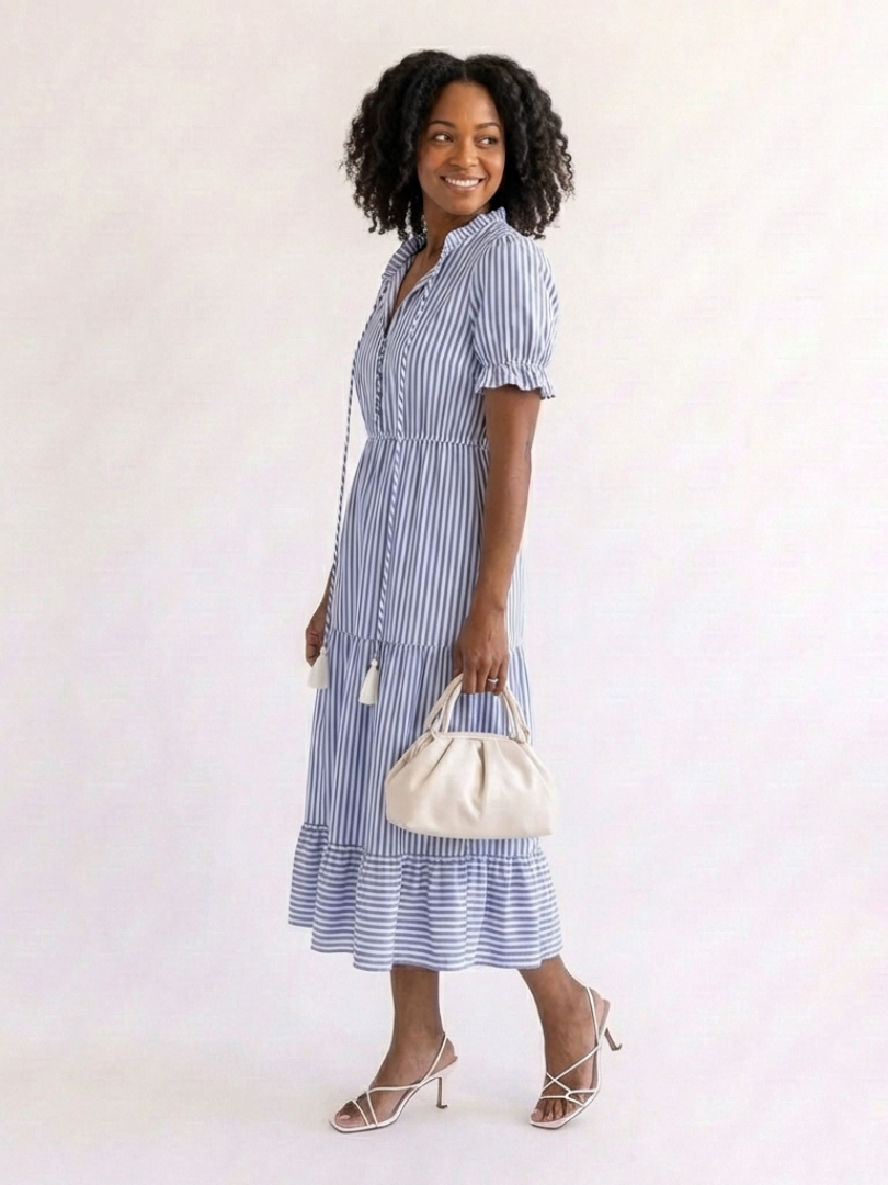 Romysia | Short Sleeve Striped Tiered Midi Dress