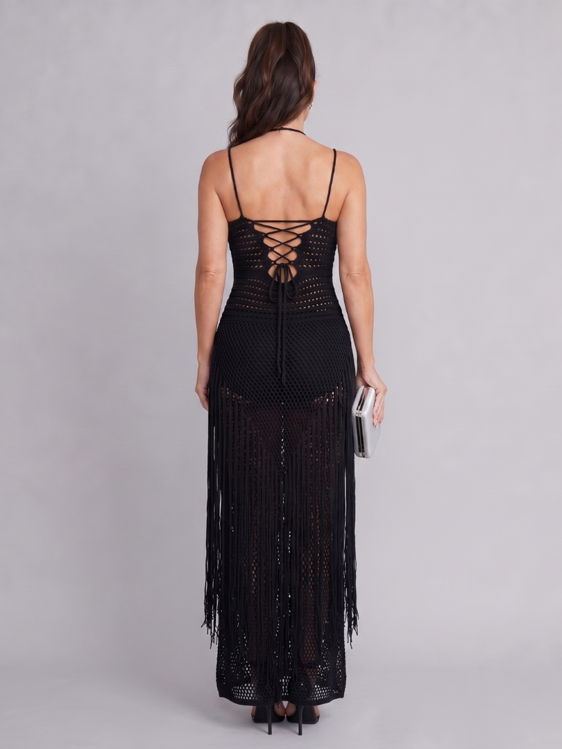 Renwyn | Halter Neck Crochet Fringe Detail Maxi Dress