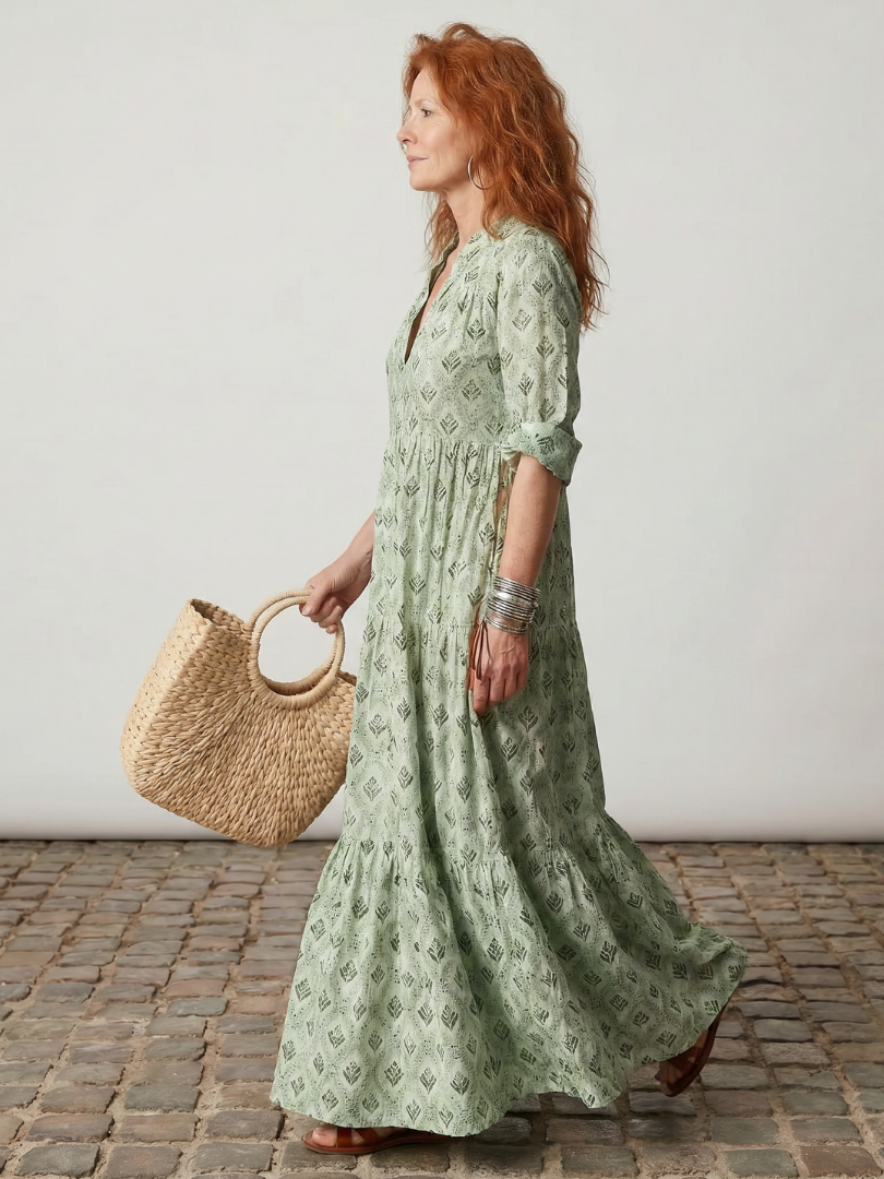 Teswen | Notch Neck Printed Long Sleeve Maxi Dress