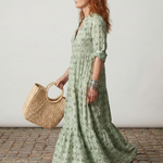 Teswen | Notch Neck Printed Long Sleeve Maxi Dress