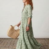 Teswen | Notch Neck Printed Long Sleeve Maxi Dress