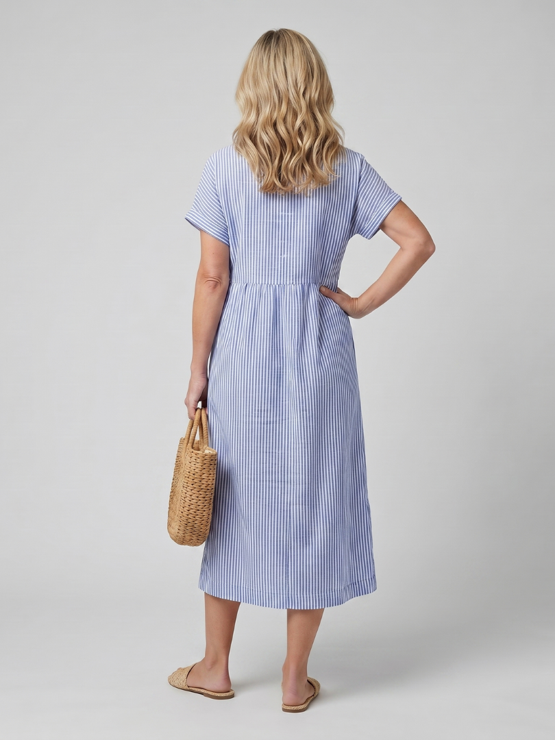 Roslora | Short Sleeve Stripe Pattern Midi Dress