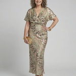 Mirrina | Abstract Print V Neck Twist Waist Midi Dress
