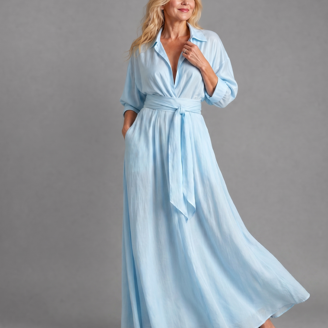 Lunlette | Belted Collared Flowing Long Sleeve Midi Dress