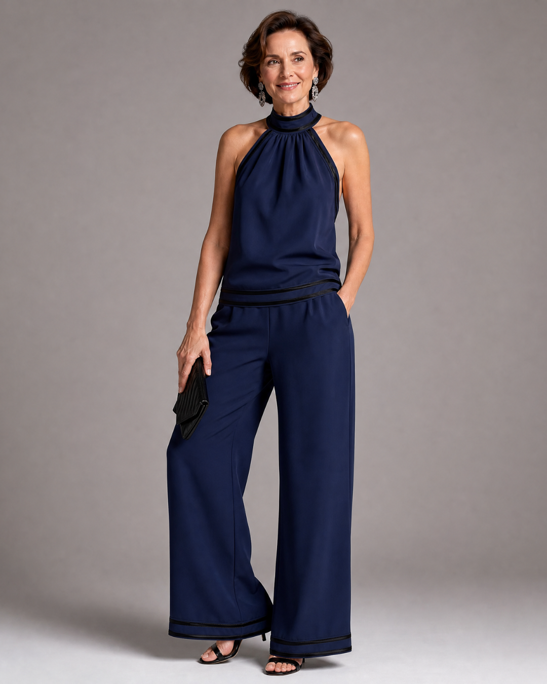 Elira | Contrast Trim Halter Neck Wide Leg Jumpsuit