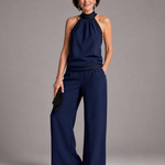 Elira | Contrast Trim Halter Neck Wide Leg Jumpsuit
