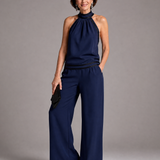 Elira | Contrast Trim Halter Neck Wide Leg Jumpsuit