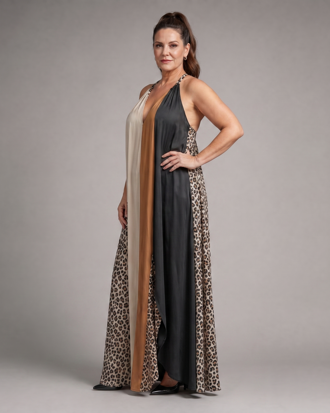 Mirabelle | Color Block Animal Print Halter Flowing Maxi Dress