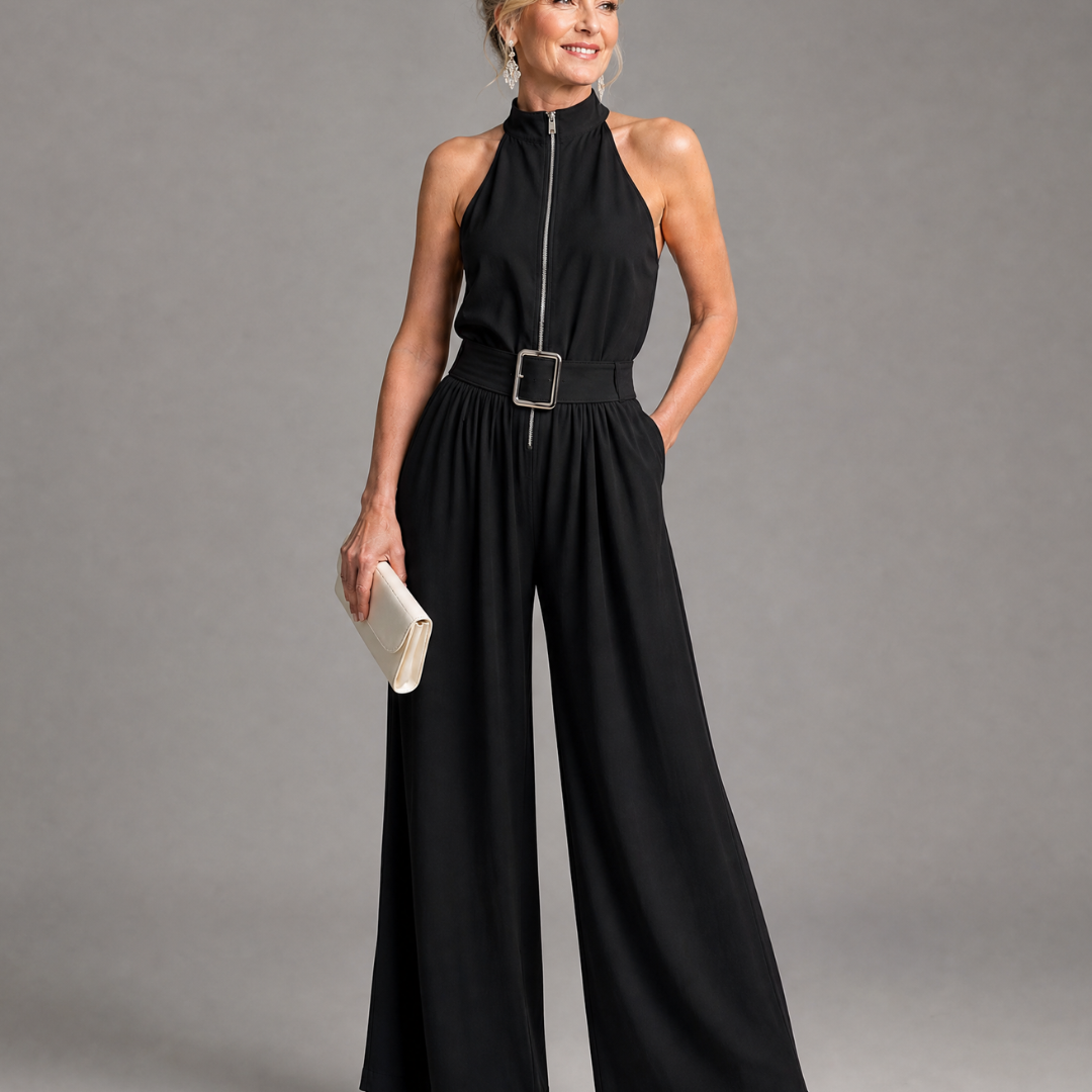 Frerina | Belted High Neck Wide Leg Sleeveless Jumpsuit