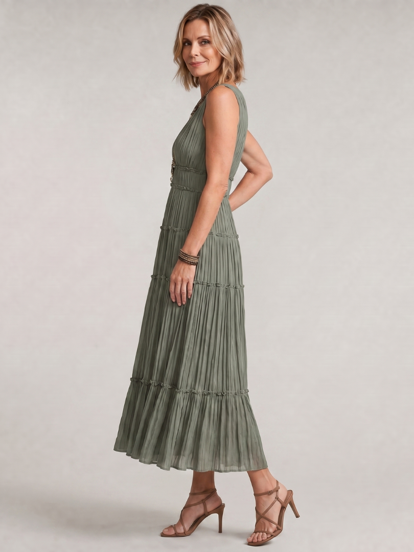 Romywynne | Pleated Sleeveless Tiered V Neck Midi Dress