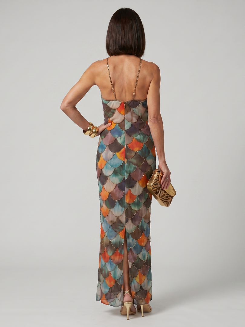 Isabelle | Fitted Multicolor Scale Pattern Maxi Dress