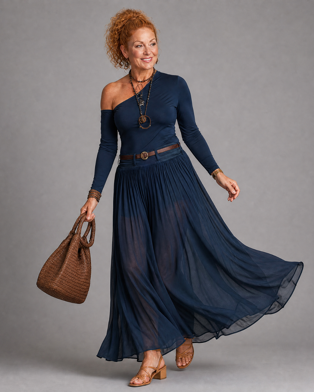 Viowen | One Shoulder Fitted Top And Pleated Maxi Skirt Set