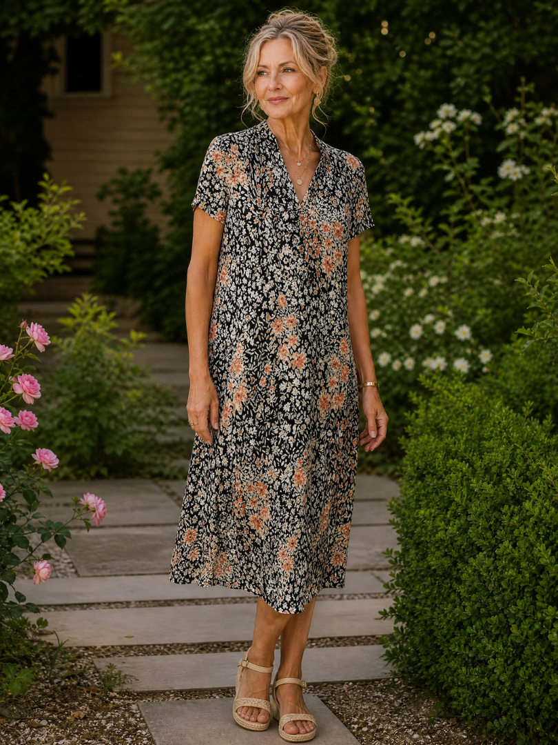 Vesine | Floral Collared Short Sleeve Midi Dress
