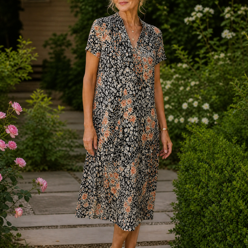 Vesine | Floral Collared Short Sleeve Midi Dress