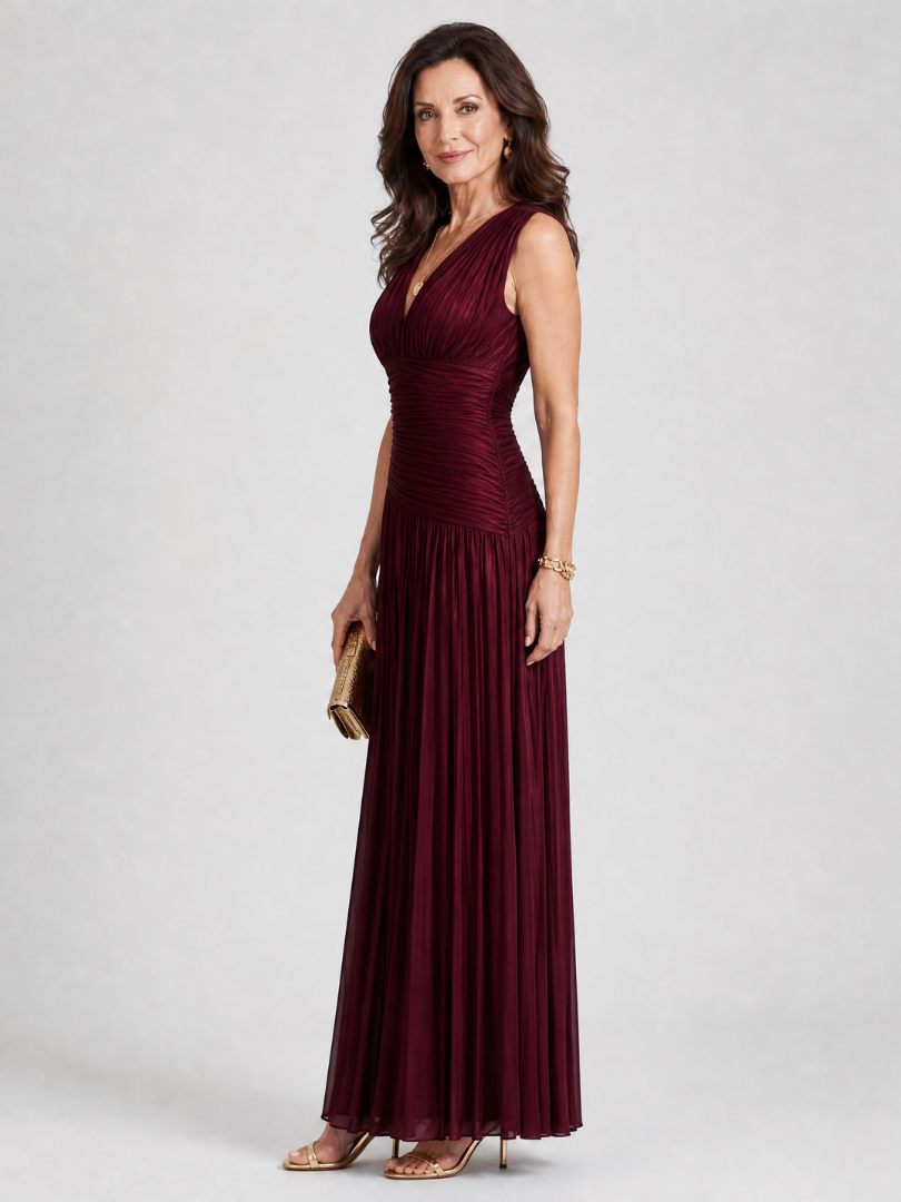 Viosia | Sleeveless Pleated V Neck Midi Dress