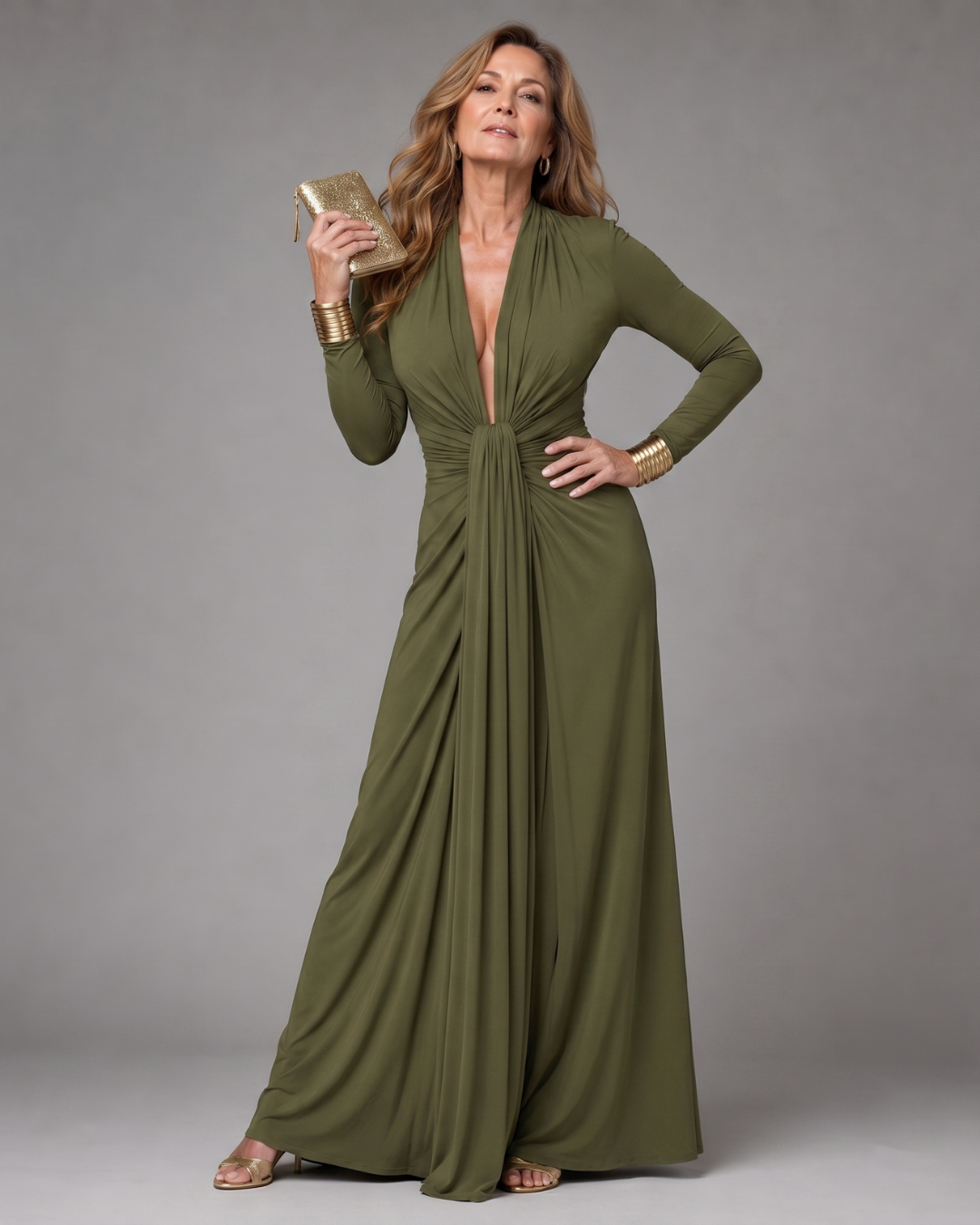 Fiondra | Draped Deep V Neck Long Sleeve Maxi Dress