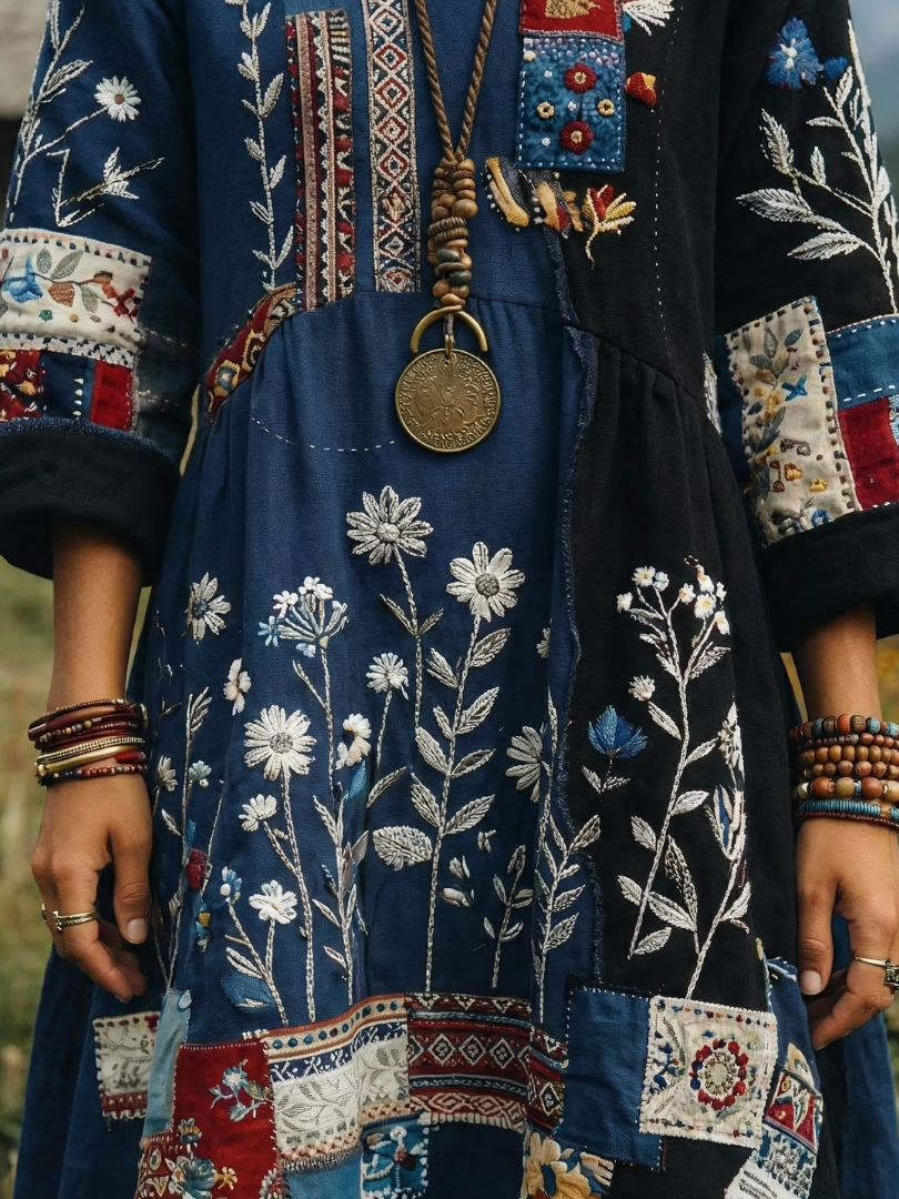 Fiodra | Embroidered Panel Long Sleeve Midi Dress