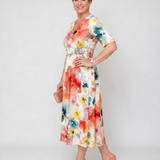 Linnlyn | Floral Print Short Sleeve V Neck Midi Dress