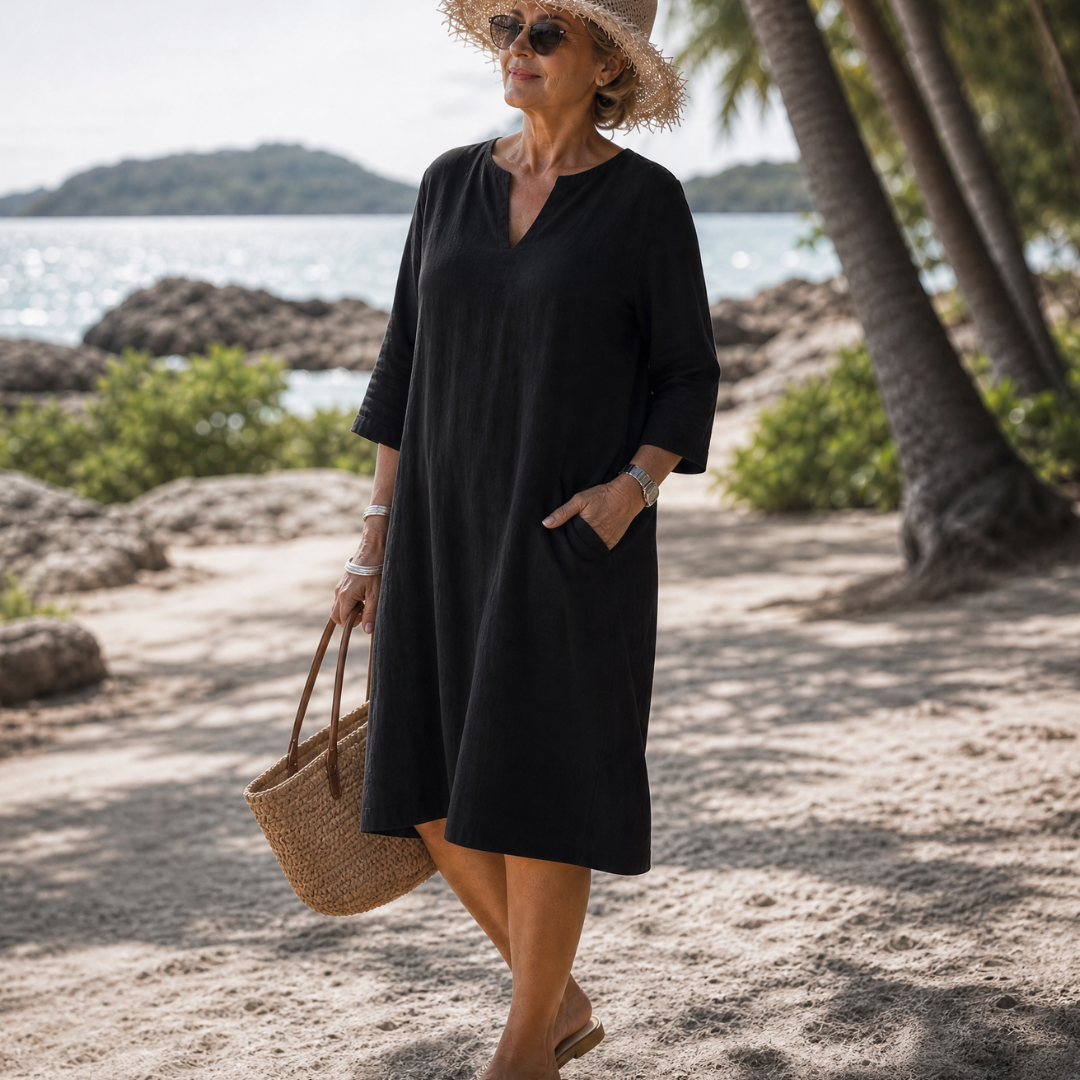 Laendra | Textured V Neck Three Quarter Sleeve Knee Length Dress