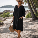 Laendra | Textured V Neck Three Quarter Sleeve Knee Length Dress