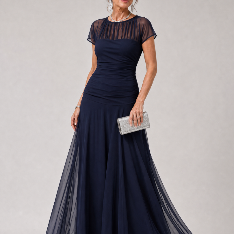 Orlalora | Mesh Yoke Ruched Maxi Dress