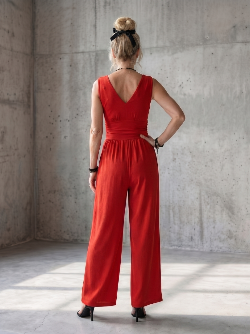 Renna | Deep V Waist Defined Wide Leg Jumpsuit