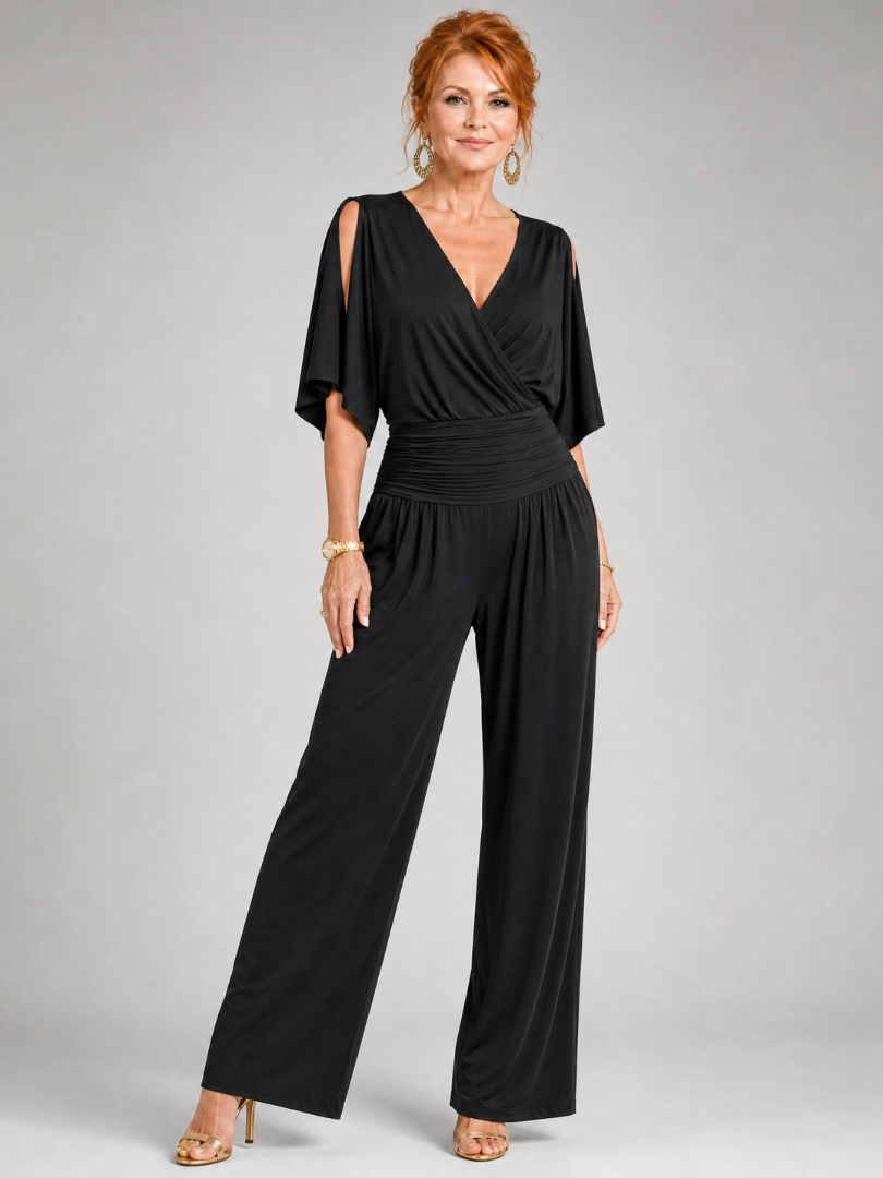 Lioravia | Cold Shoulder Wrap Wide Leg Jumpsuit