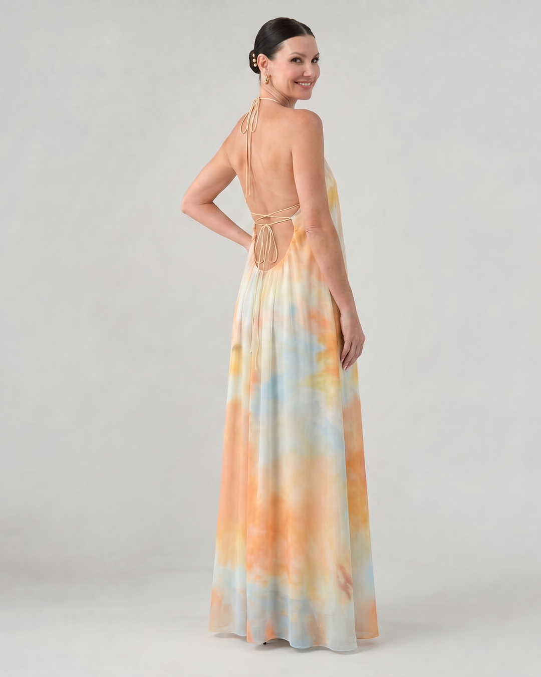 Larsette | Watercolor Halter Neck Flowing Maxi Dress