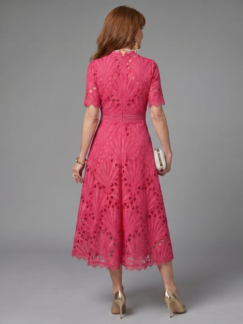 Dalvia | Short Sleeve Eyelet Lace Fitted Waist Midi Dress