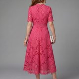 Dalvia | Short Sleeve Eyelet Lace Fitted Waist Midi Dress