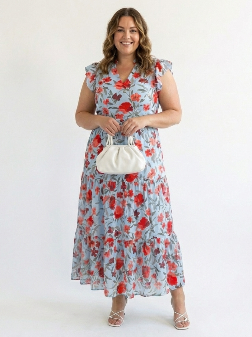 Corlette | Floral V-Neck Tiered Midi Dress