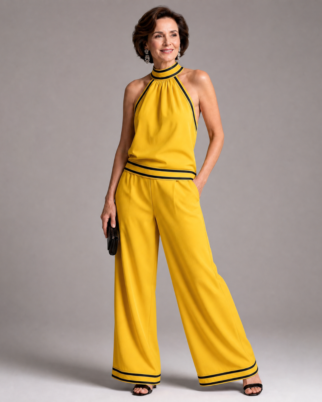 Elira | Contrast Trim Halter Neck Wide Leg Jumpsuit