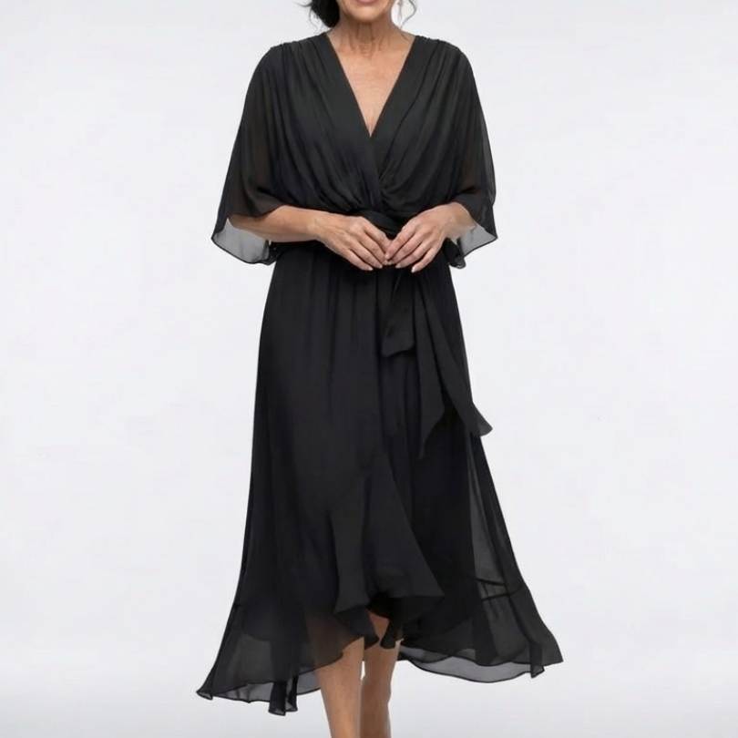 Mirmarie | V Neck Draped Waist Tie Midi Dress