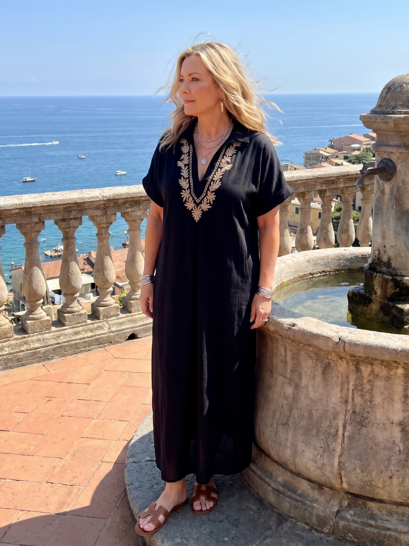 Kalthea | Short Sleeve V Neck  Embroidered Detail Midi Dress