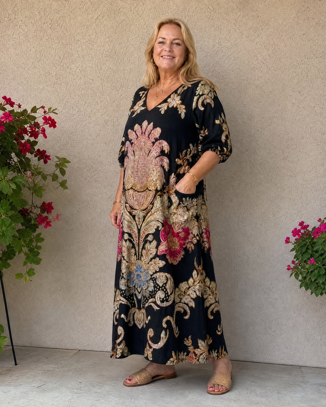 Calwen | Ornate Vintage Print Three Quarter Sleeve Midi Dress